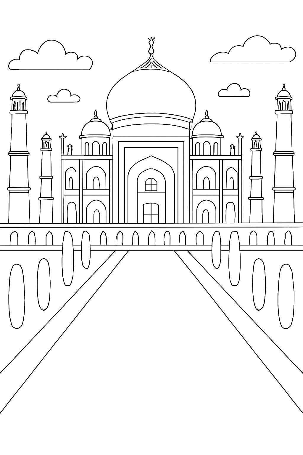 Taj Mahal Minimalist Black and White Line Drawing for Coloring Book Pages