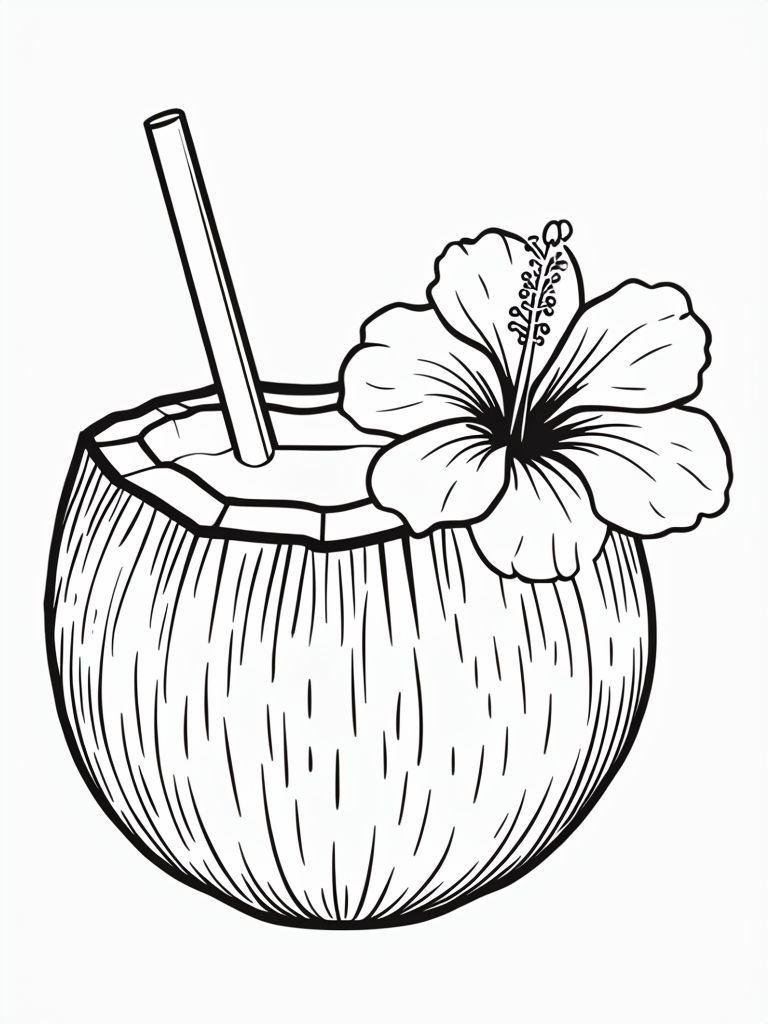 Black and White Coconut Cocktail with Hibiscus Flower Coloring Page