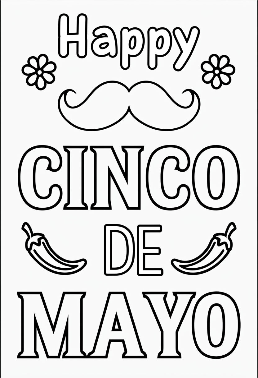 Cinco de Mayo Festive Coloring Page with Mustache and Chili Peppers Coloring Book Pages