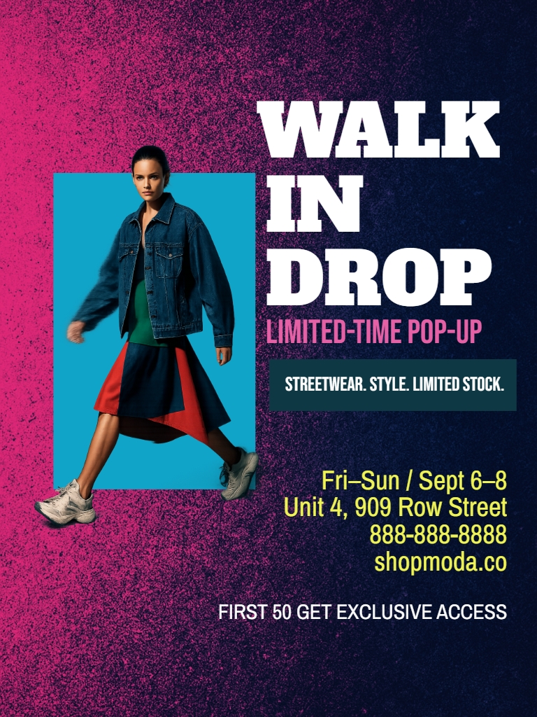 Vibrant Streetwear Pop-Up Event Poster for Walk In Drop Flyer