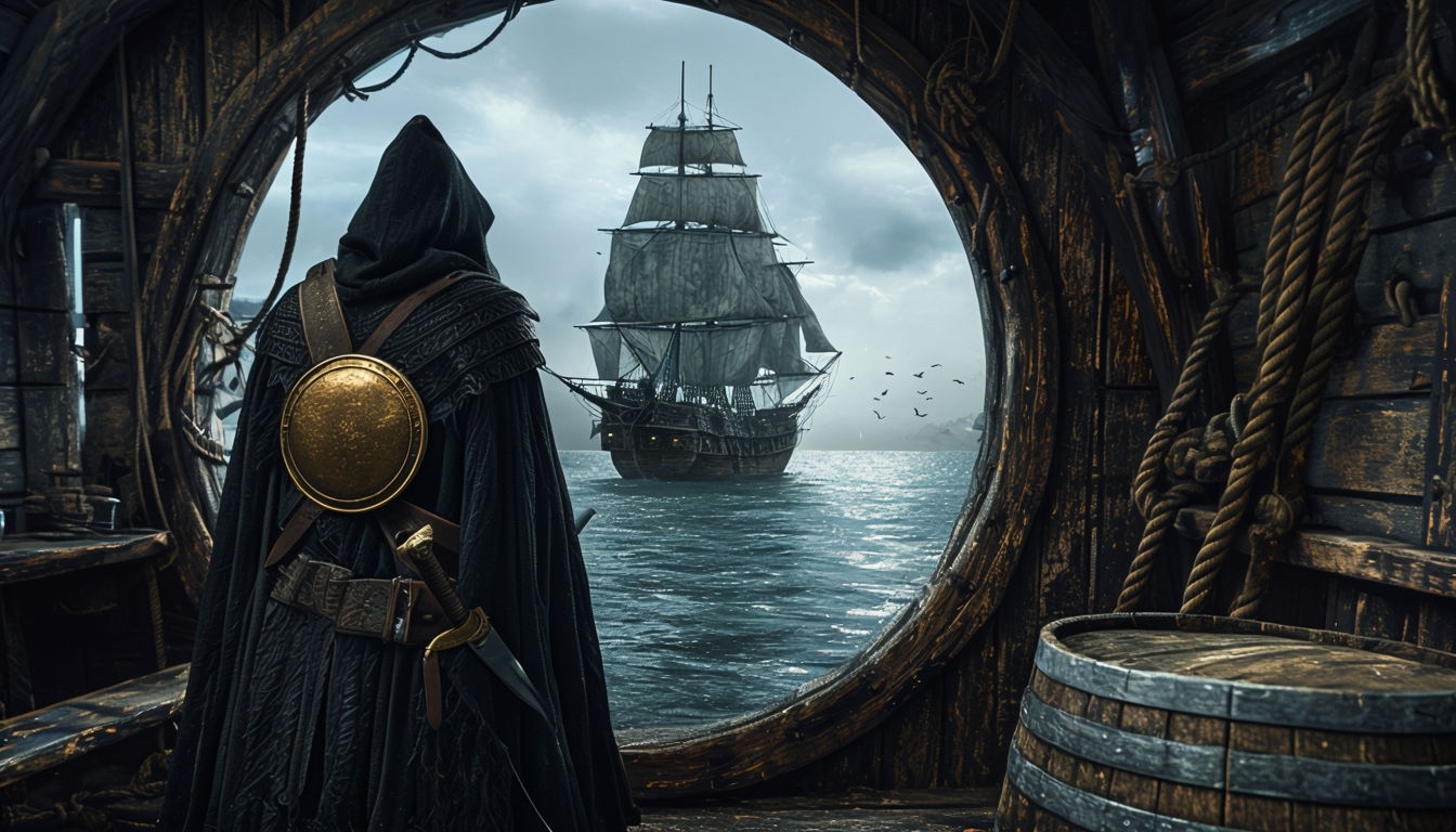Mysterious Dark Fantasy Ship Interior Scene Virtual Background
