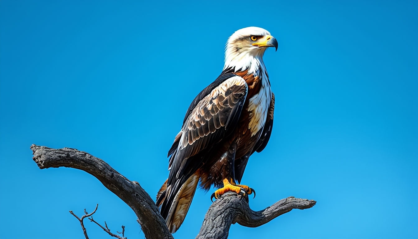 Majestic African Eagle Perched on Branch against Blue Sky Background