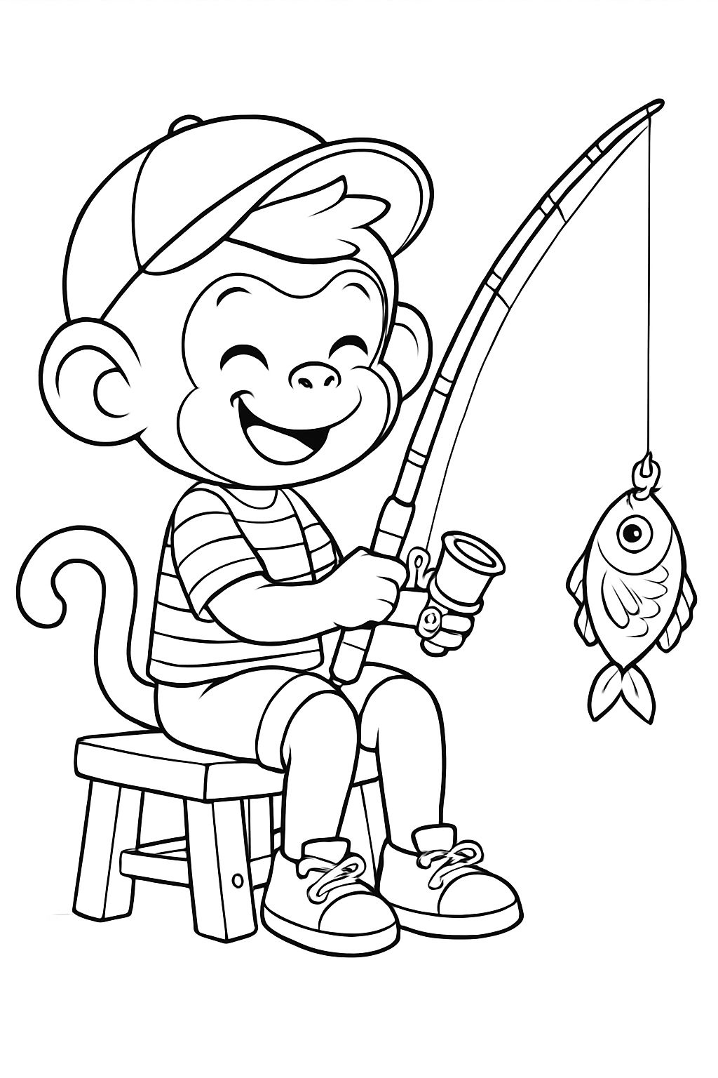 Cheerful Cartoon Monkey Fishing on a Wooden Stool Coloring Page