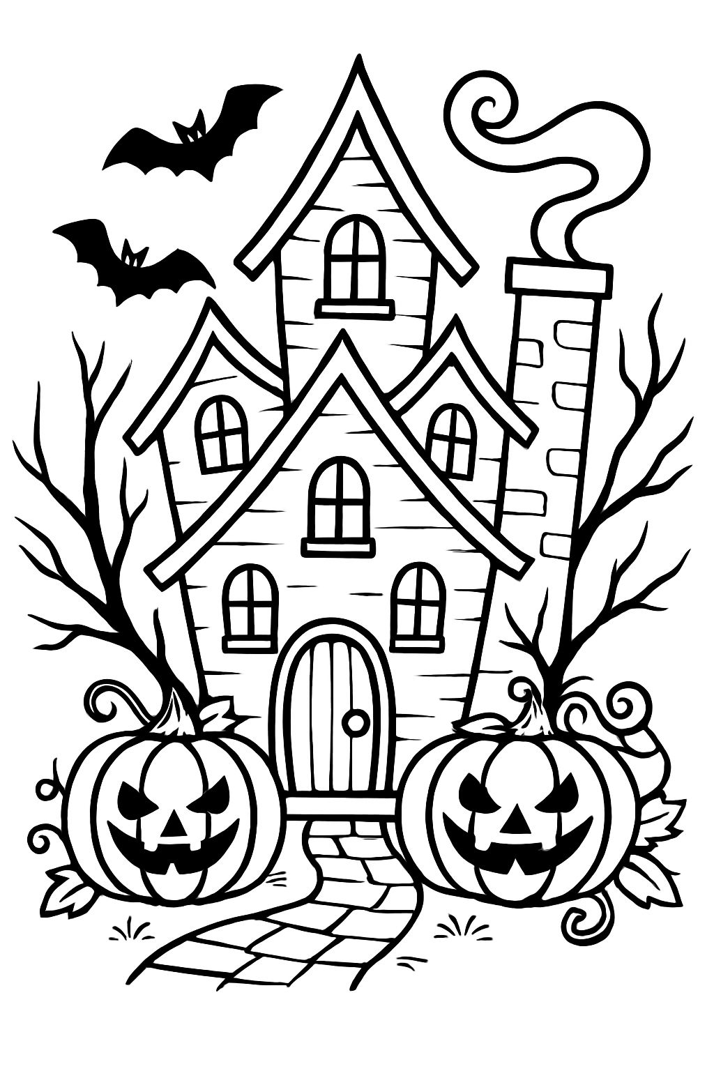 Spooky Haunted House with Jack-O'-Lanterns Coloring Page