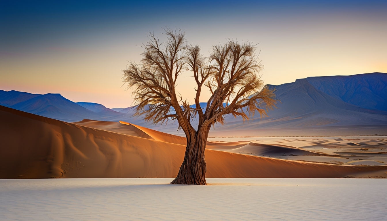 Serene Desert Sunset with Leafless Tree Virtual Background