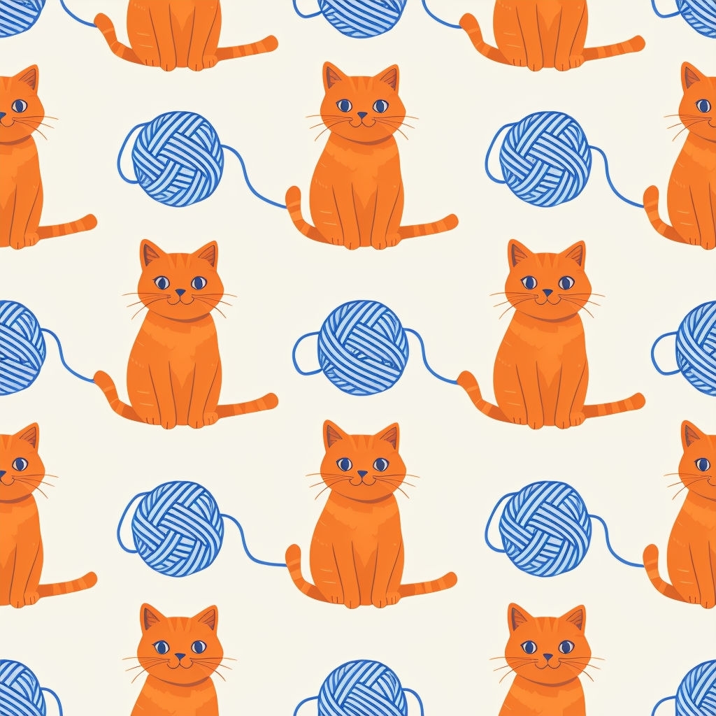 Charming Orange Cats and Blue Yarn Seamless Pattern Design