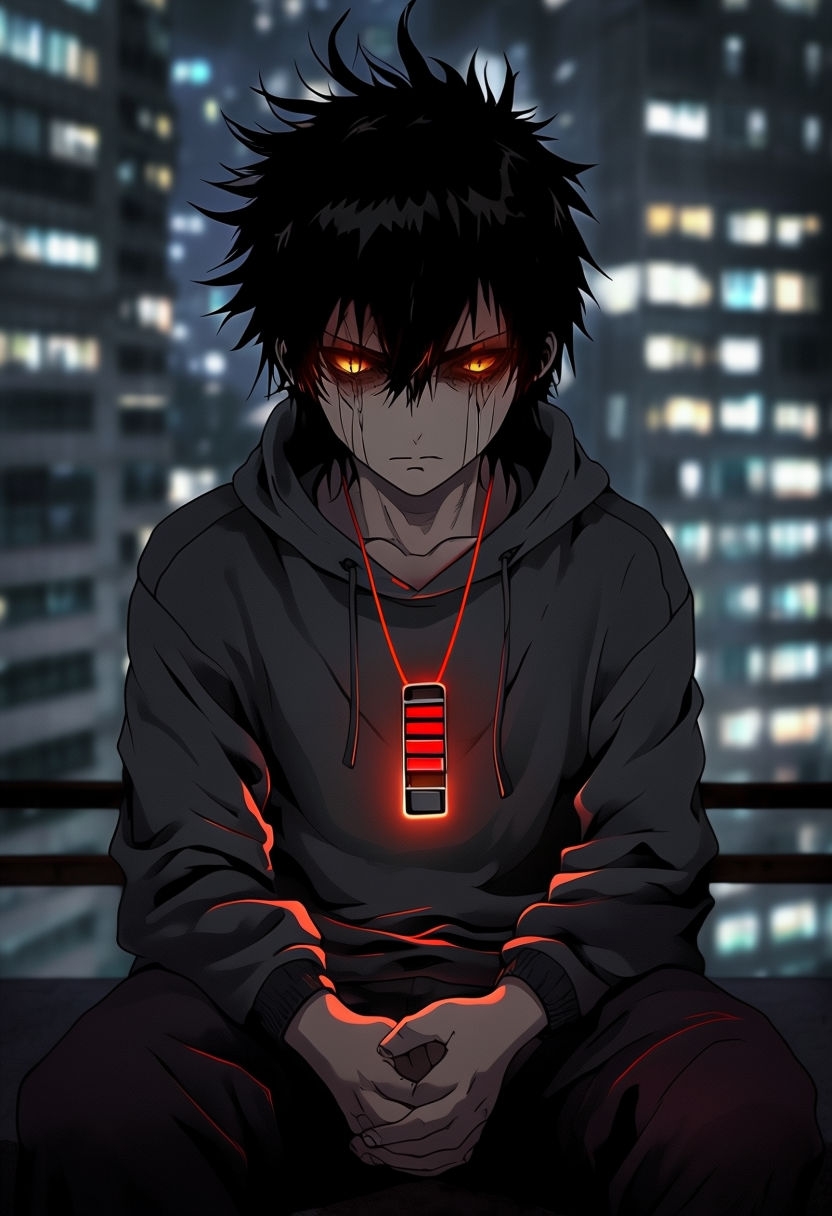 Dark Anime Character with Glowing Red Necklace Urban Illustration Art