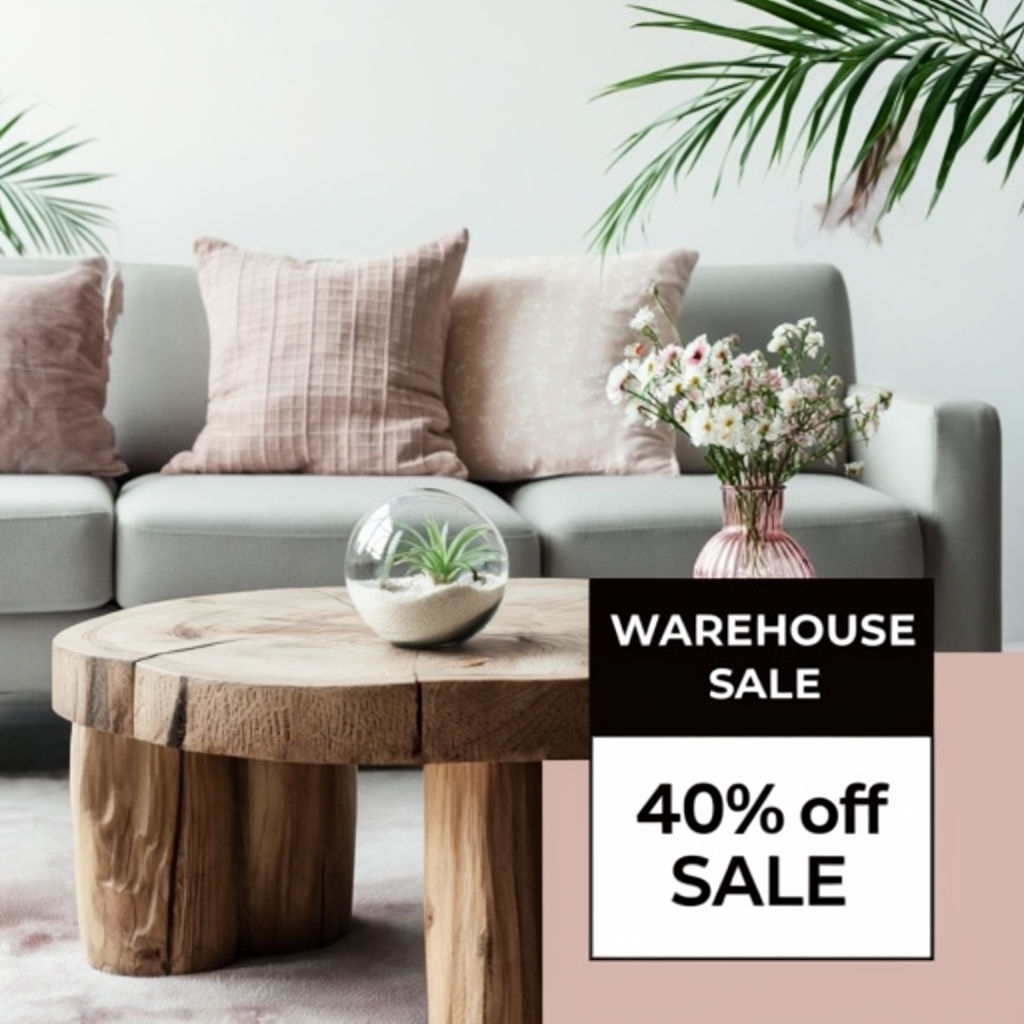 Modern Minimalist Living Room with Warehouse Sale Announcement Social Media Post