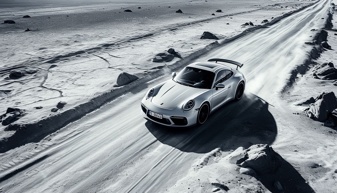 Sleek Black and White Porsche 911 Desert Adventure Background