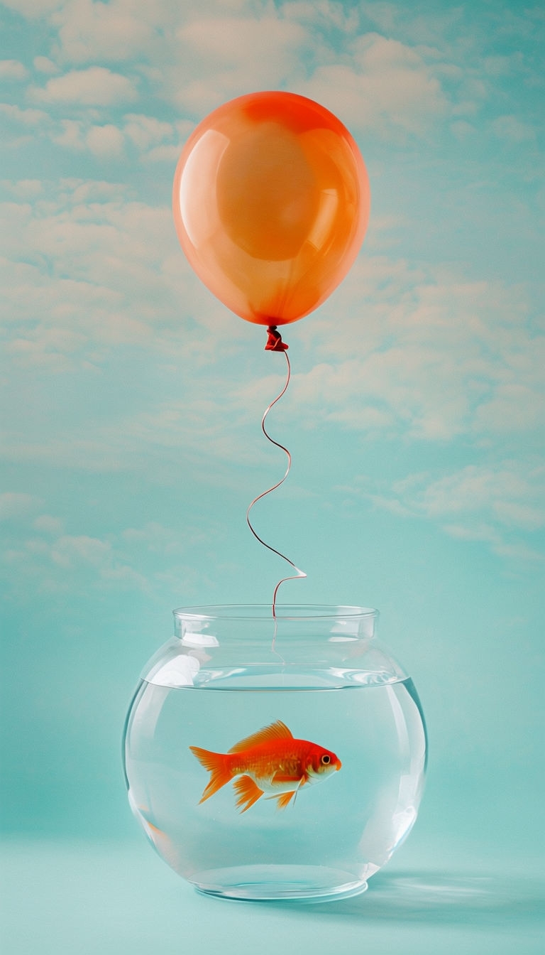Whimsical Goldfish in Glass Bowl with Floating Balloon Mobile Wallpaper