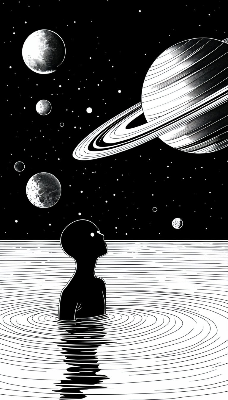 Surreal Black and White Cosmic Humanoid Line Drawing Mobile Wallpaper