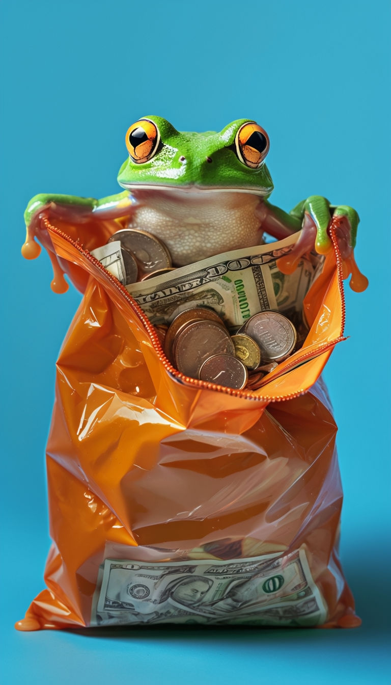 Surrealistic Green Frog with Orange Bag and Currency Art Poster