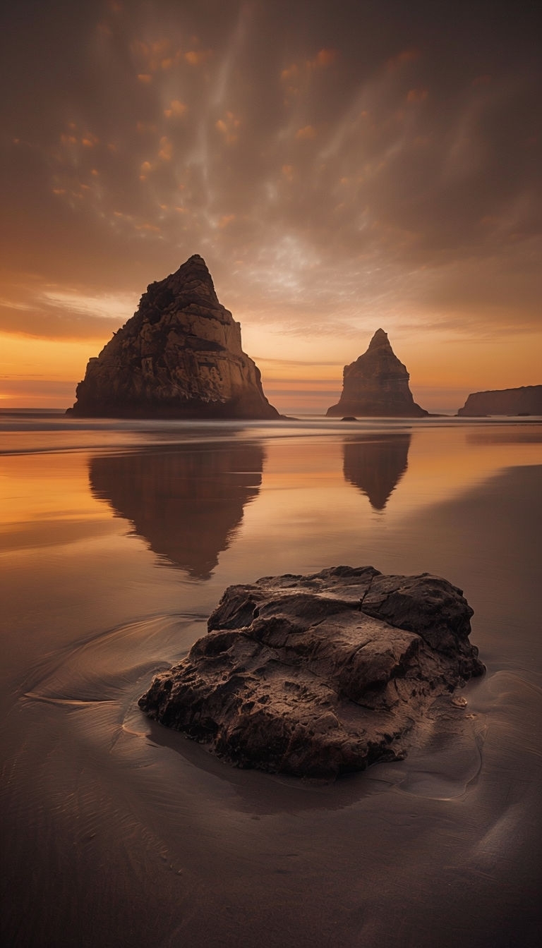 Tranquil Sunset Beach Landscape with Sea Stacks Mobile Wallpaper