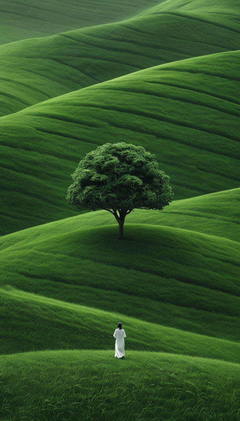 Serene Green Hills Landscape with Tree and Walker Mobile Wallpaper