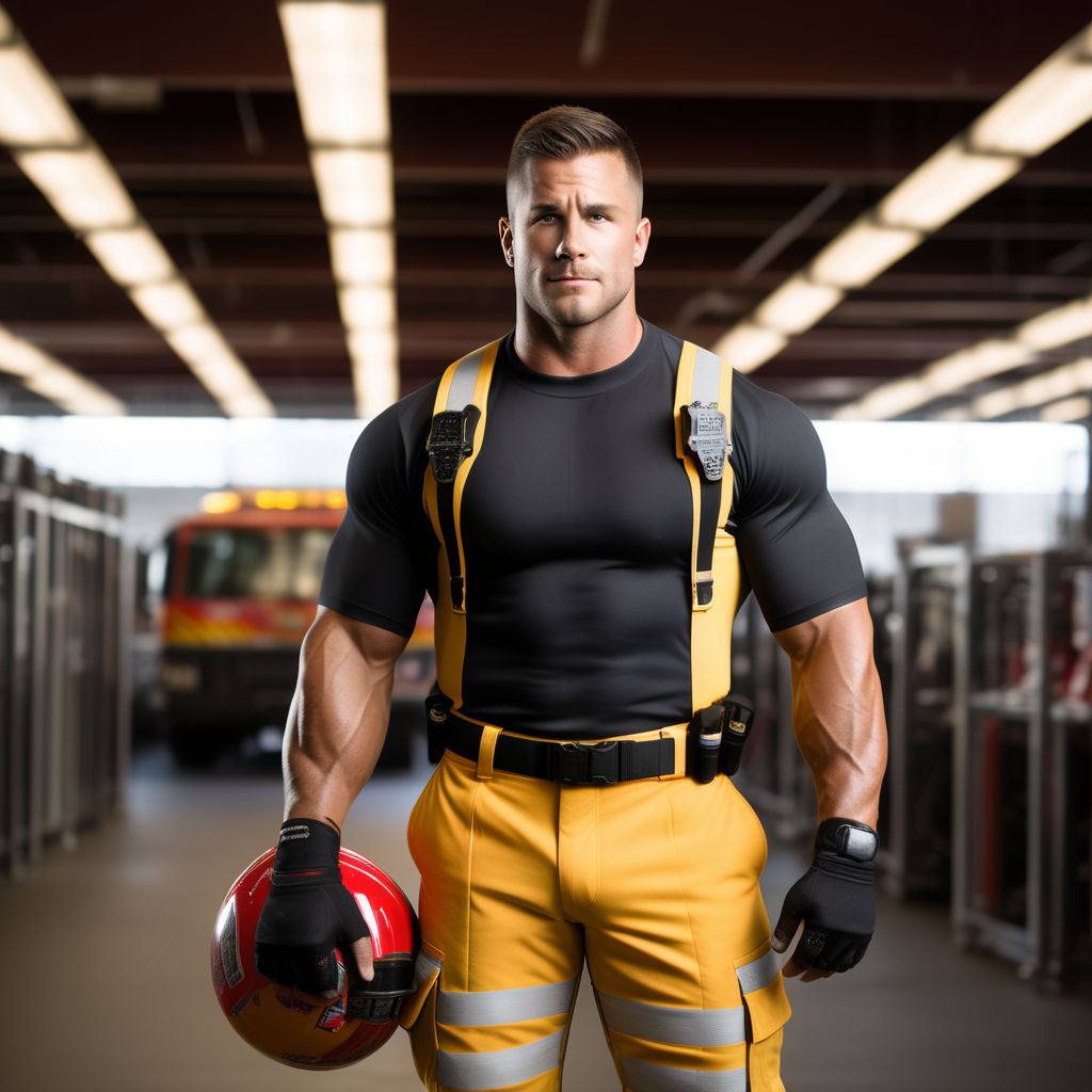 firefighter. without shirt. big muscle hands. big bulge. Perfect face  definition. Perfect huge tense biceps very giant. Big guy wear narrow  clothes. Ultra-overmuscled-broad-shoulder-amazing-muscle-bulky-man.