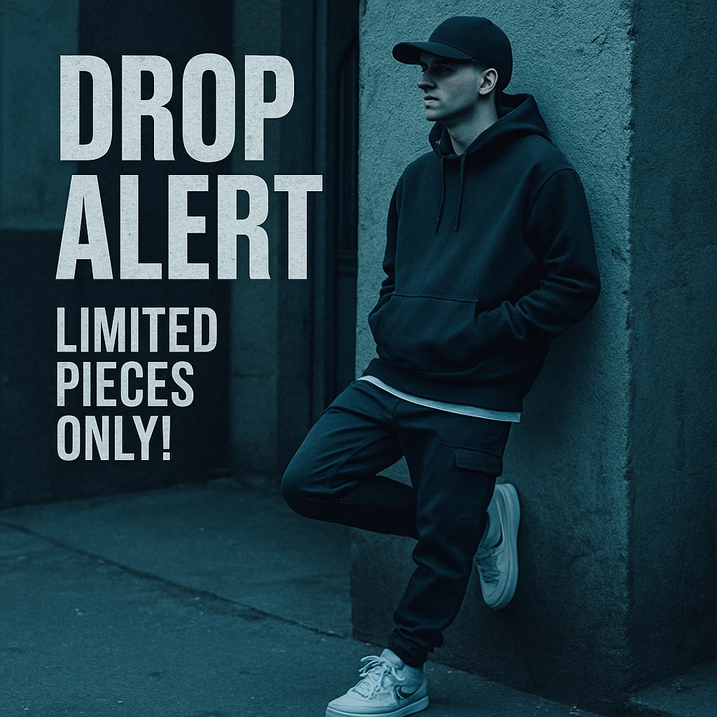 Urban Street Style Promotion with Bold Drop Alert Text Ads