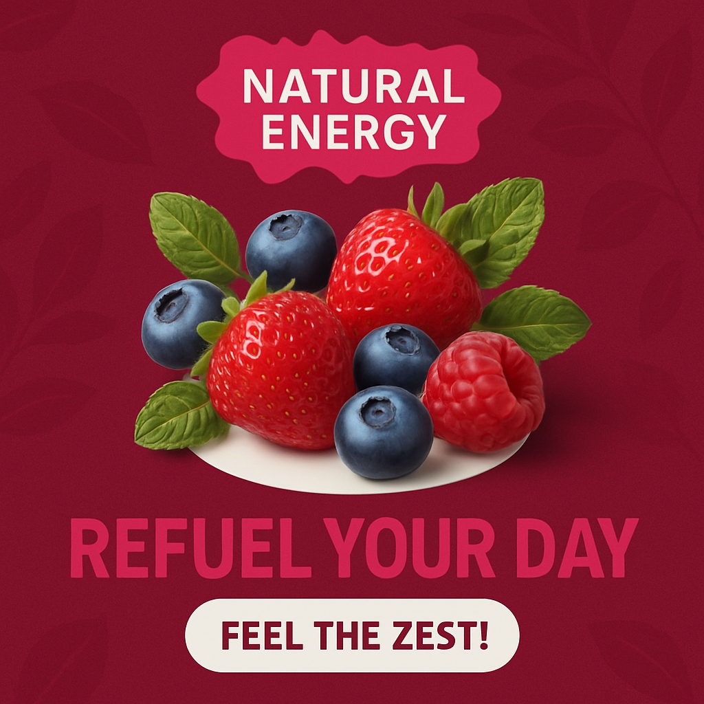 Vibrant Mixed Berries Promotion for Natural Energy Ads