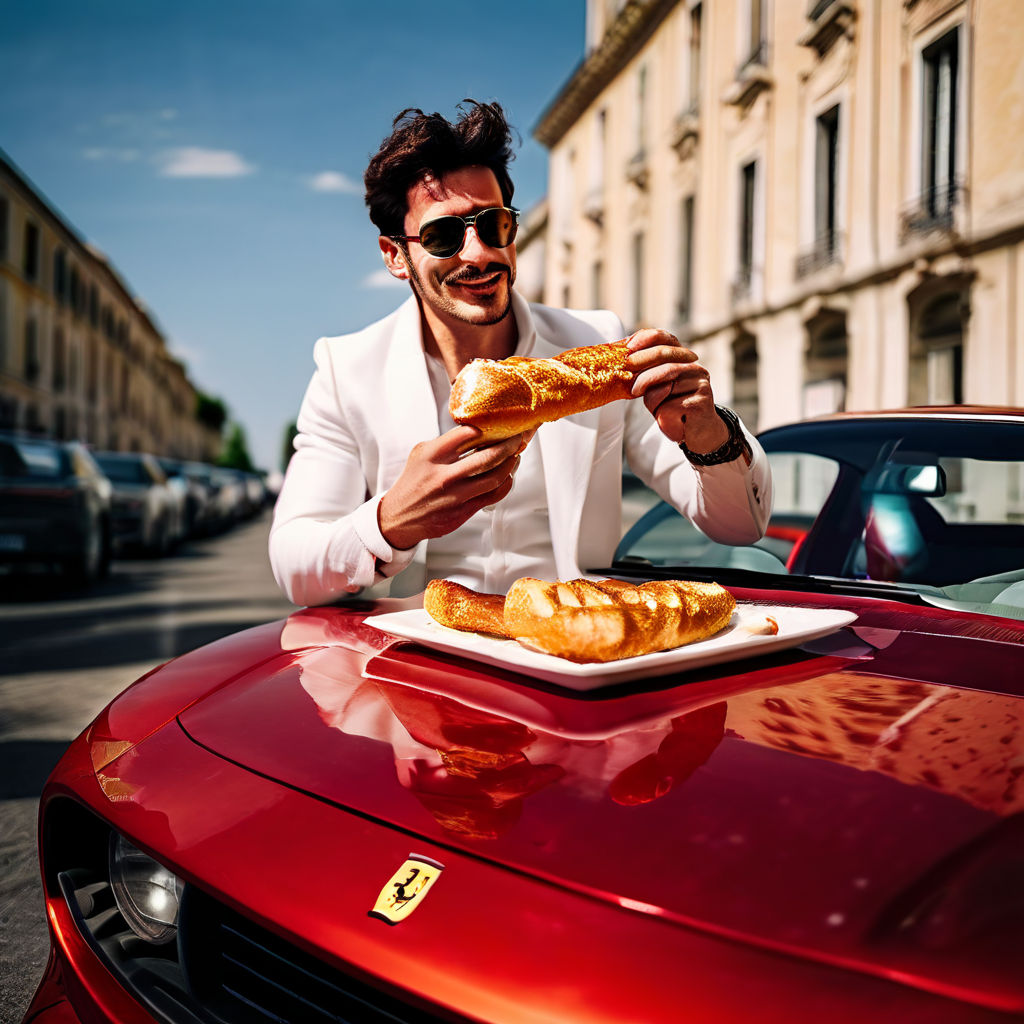 A frenchman eating a baguette on the hood of a ferrari by Alex - Playground