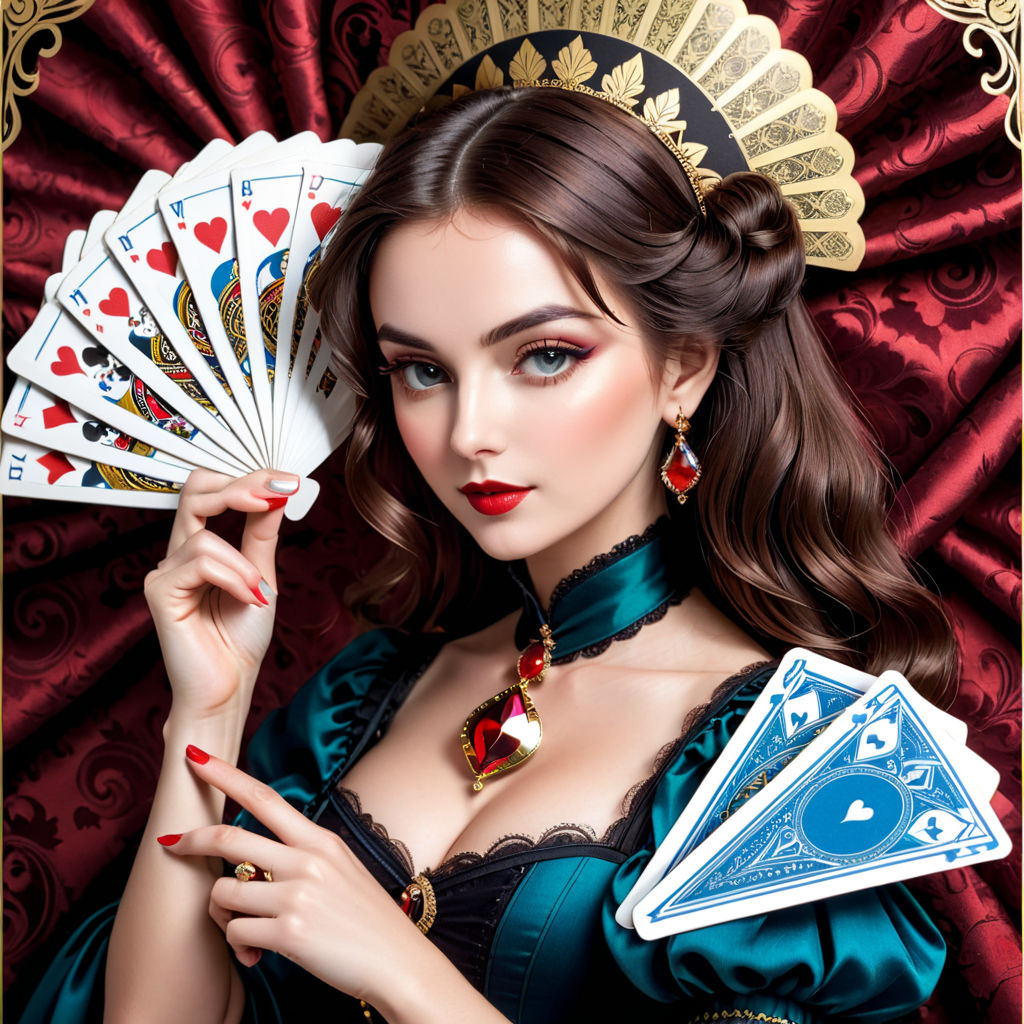 a close up of a playing card with a woman holding a fan, victorian playing card, playing cards, as a tarot card, [ tarot card ]!!!!!, holding a 🛡 and an 🪓, tarot card style, the queen of hearts, rider waite card, tarot style, gorgeous stella maeve magician, old-fashioned tarot card