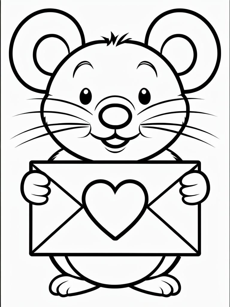 Friendly Cartoon Mouse Holding Heart Envelope Coloring Page