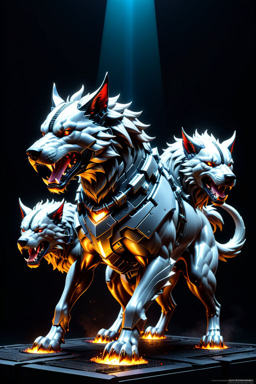 Realistic cyberpunk-style Iron Fire-Breaking Cerberus in a d... by ...