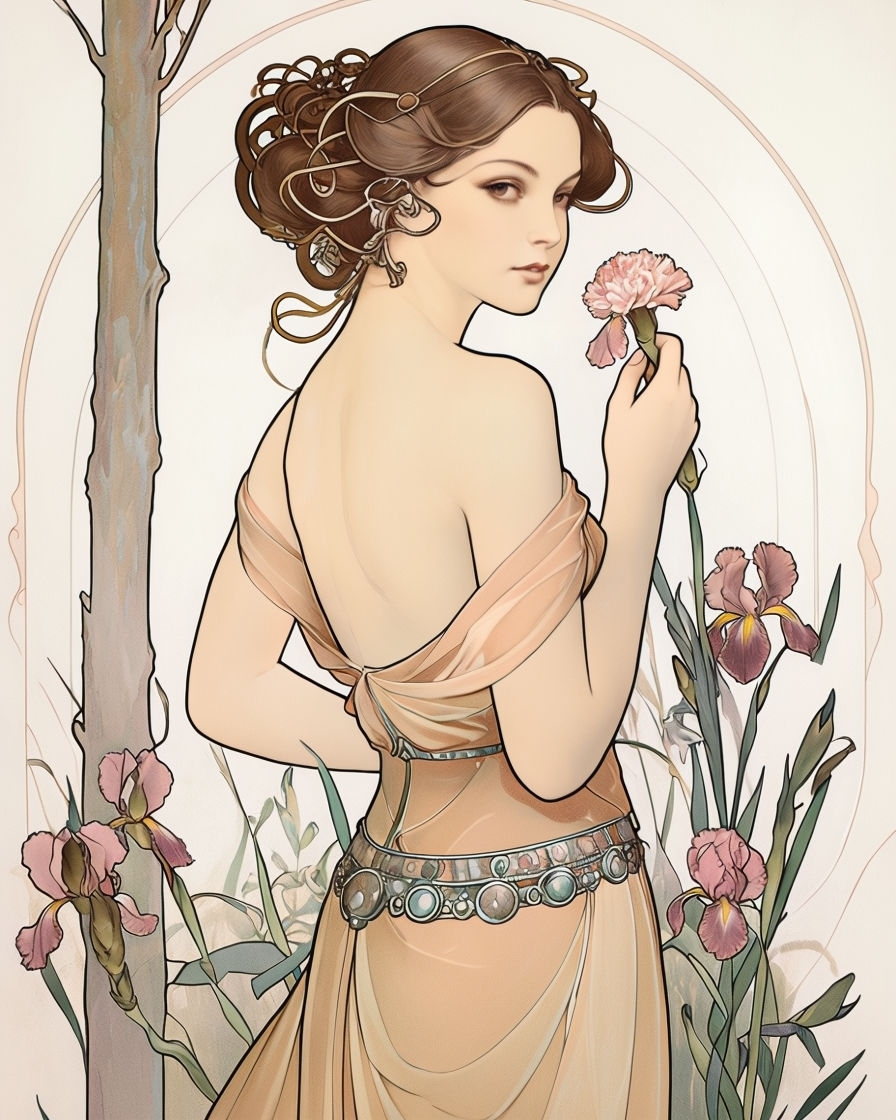 Elegant Art Nouveau Woman with Flowers Illustration Art