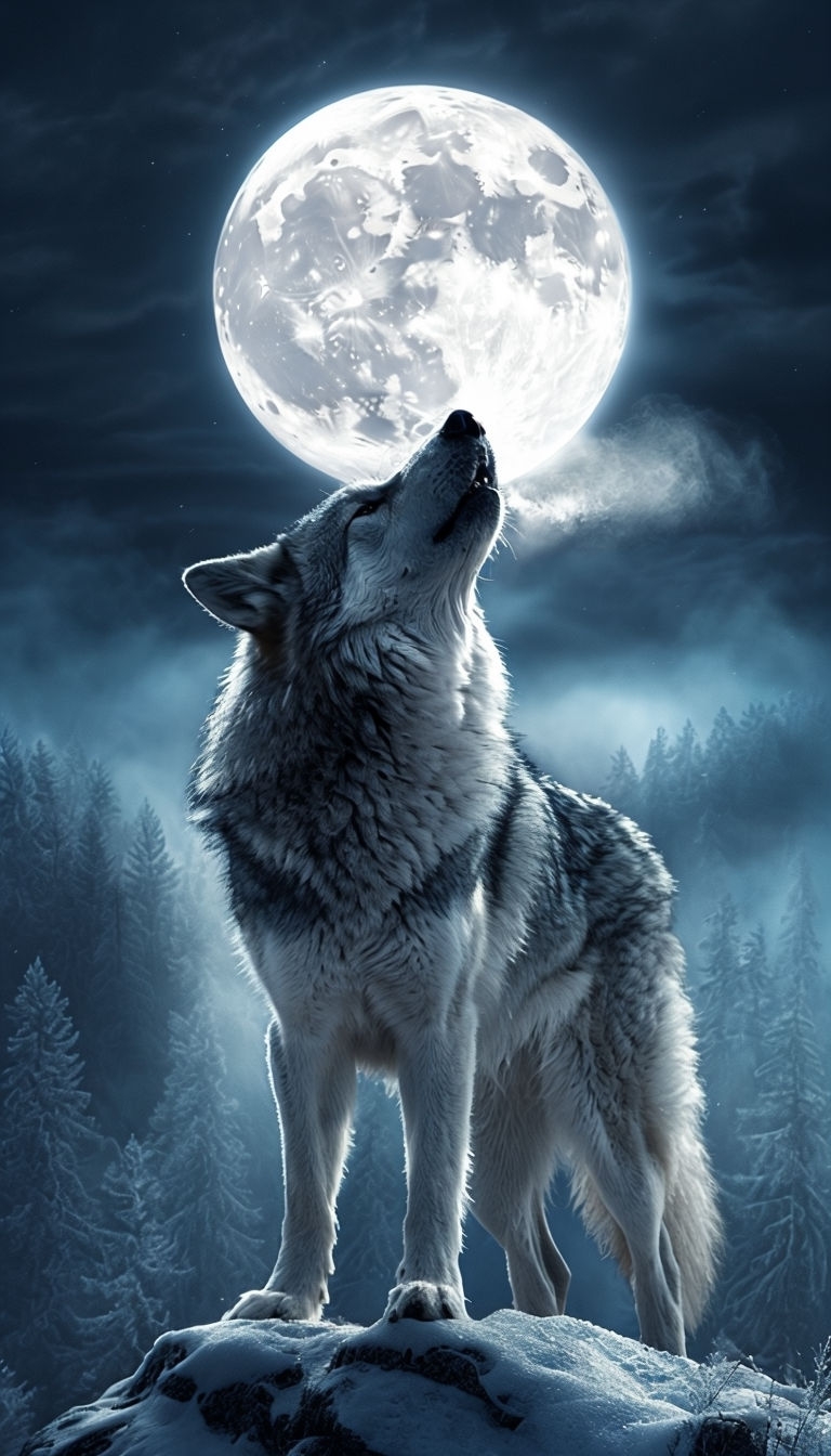 Majestic Grey Wolf Howling Under Full Moon Mobile Wallpaper