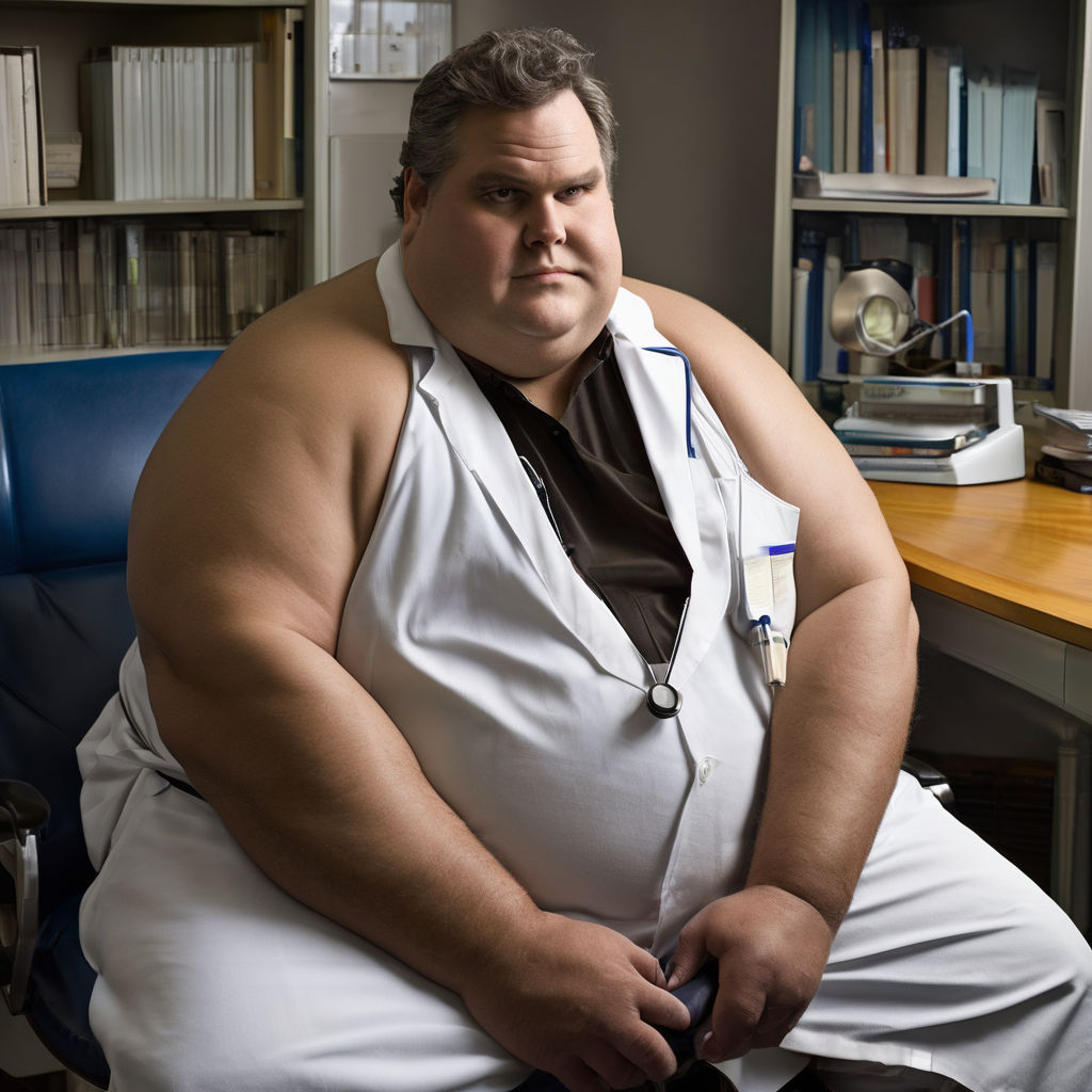 Giant extremely obese very fat male nurse in scrubs and unbuttoned lab coat  real life full length shot