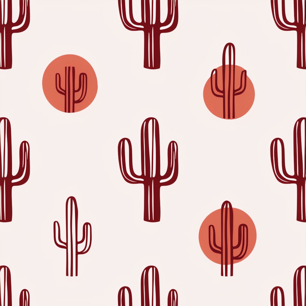 Modern Minimalist Maroon Cacti with Terracotta Circles Pattern Seamless Pattern