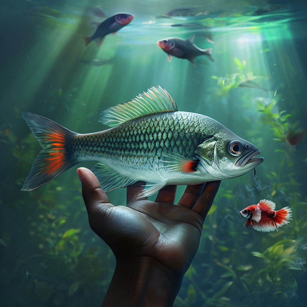 Surreal Underwater Scene with Open Hand and Fish Art