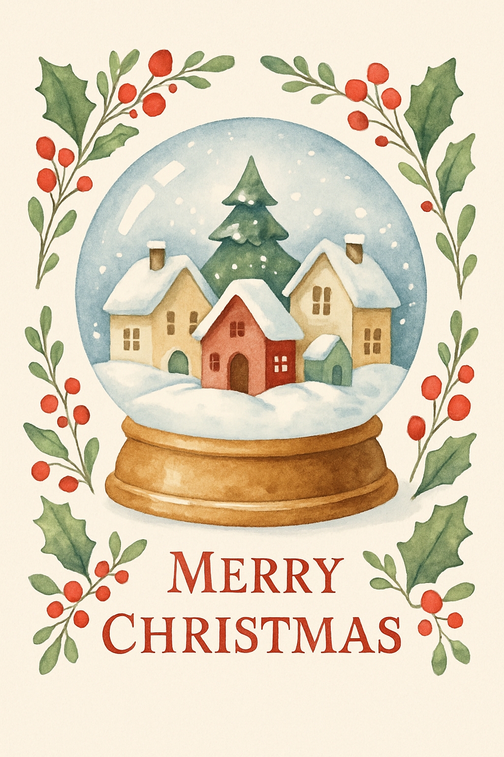 Whimsical Christmas Snow Globe Watercolor Illustration Card