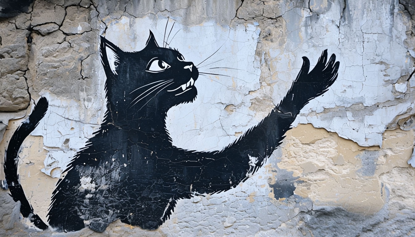 Bold Black Cat Mural on Cracked Concrete Wall Background