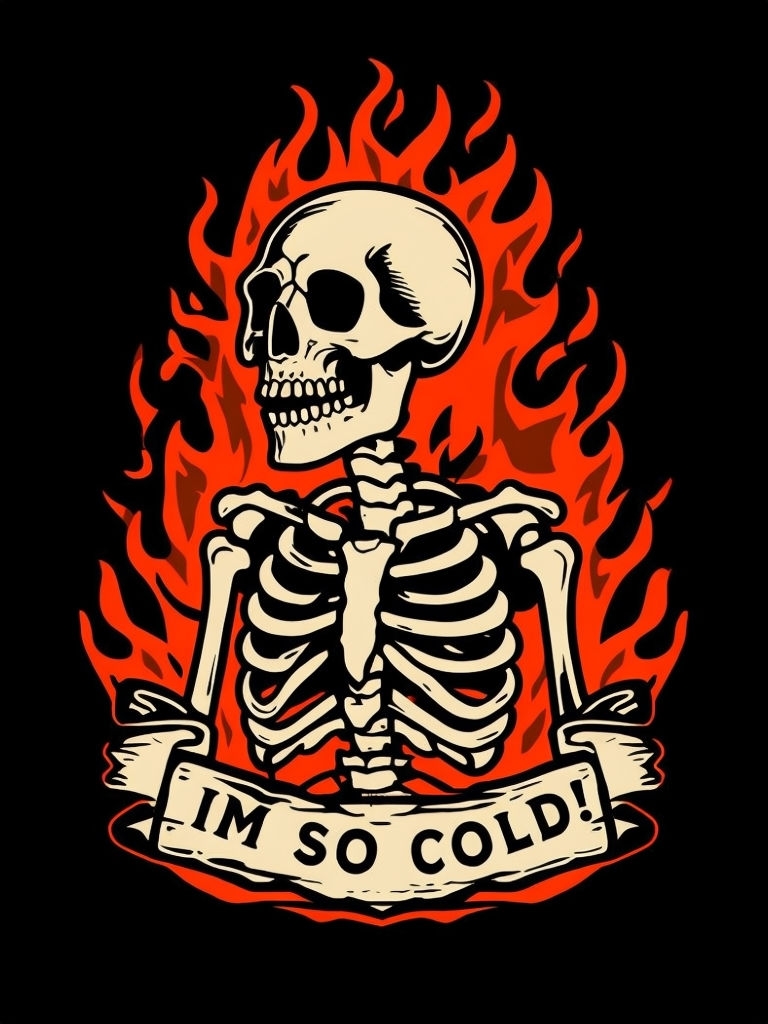 Vintage Skeleton Tattoo Illustration with Flames Sticker