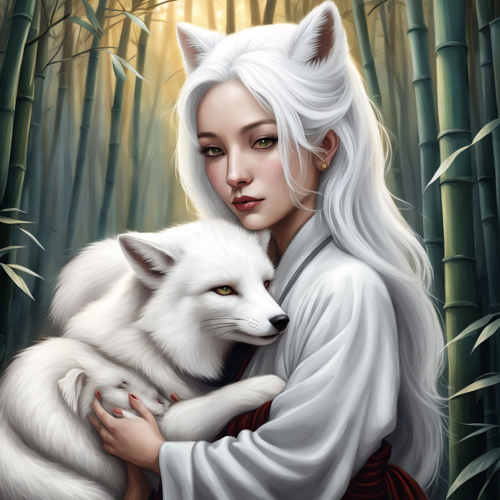 A beautiful woman with white fox ears and tail