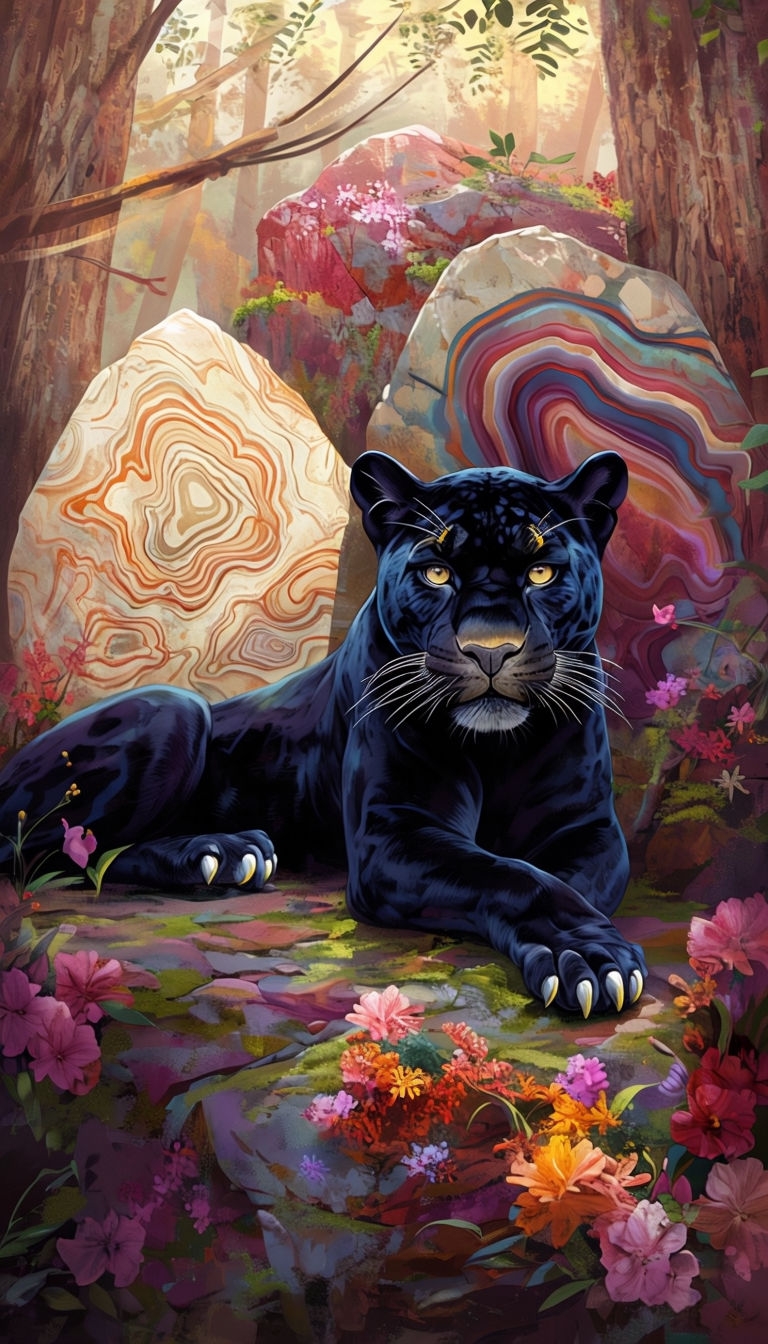 Majestic Black Panther in Vibrant Forest Scene Art