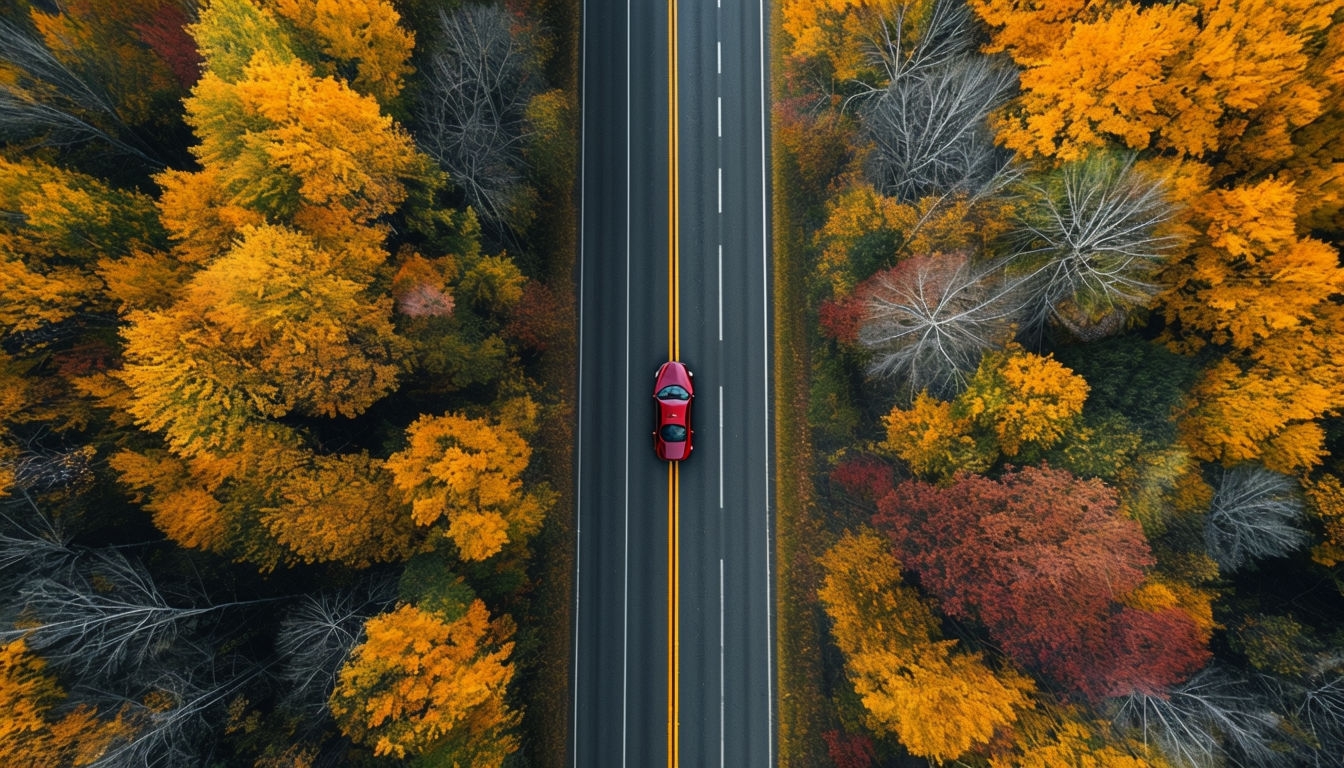 "Vibrant Autumn Forest with Red Sports Car Aerial View Background" Virtual Backgrounds