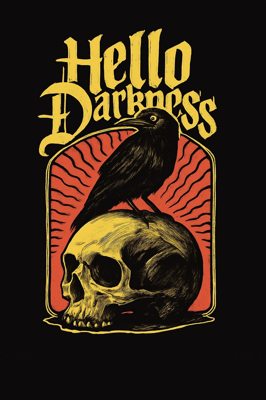 Eerie Hello Darkness Skull and Crow Graphic T-Shirt