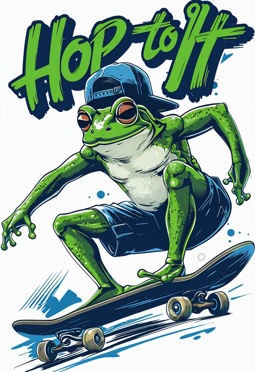 Cool Frog on Skateboard with "Hop to It" Text T-Shirt