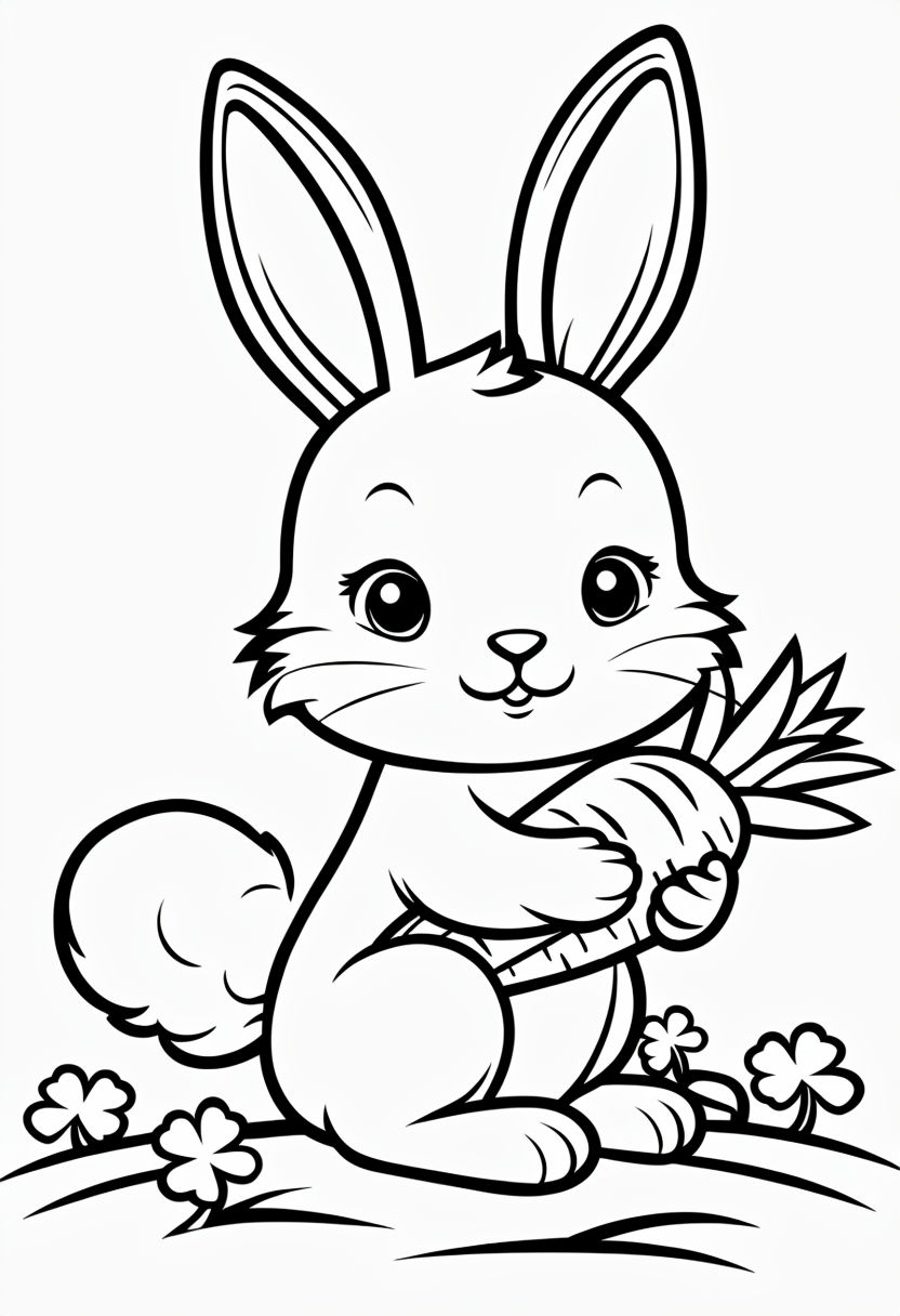 Cute Bunny with Carrot and Clover Leaves Coloring Page