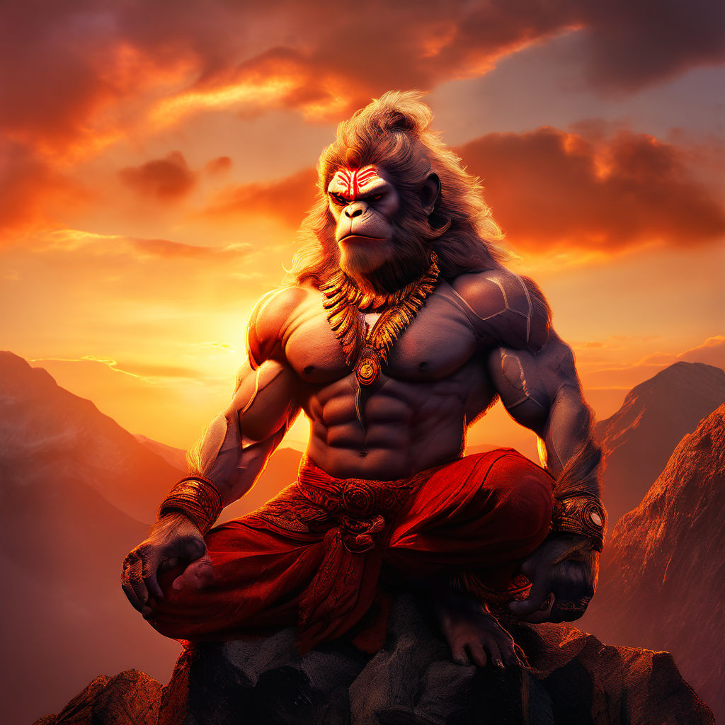 Hanuman exhibiting his mighty strength with muscles tense an by