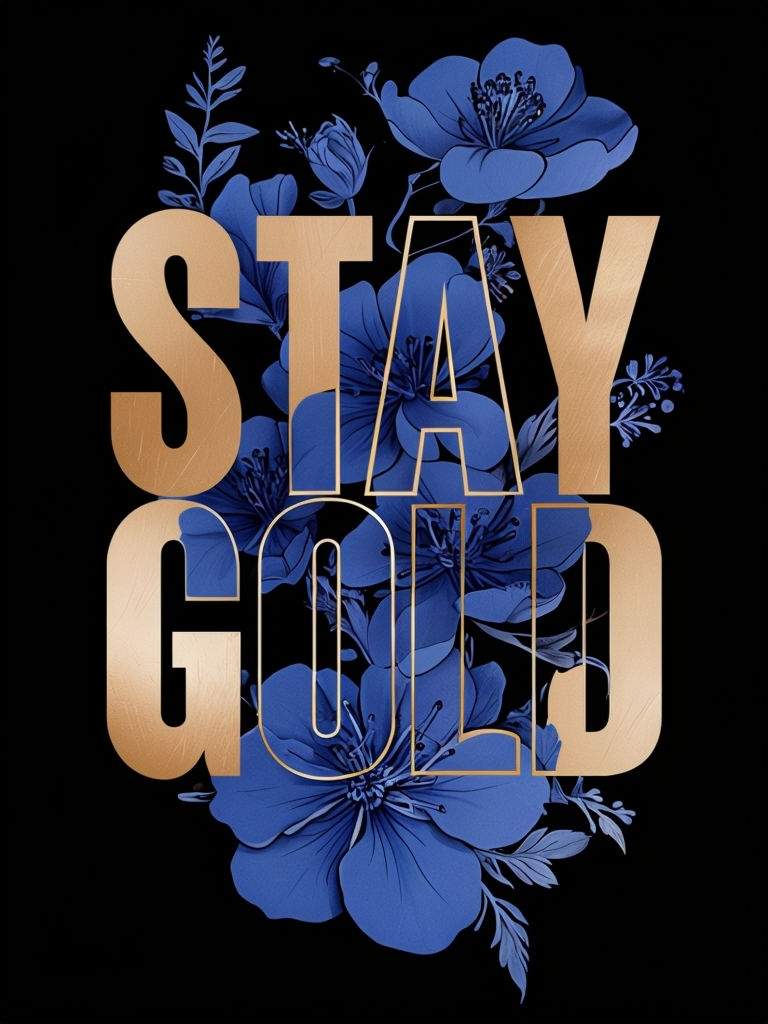 Elegant Stay Gold Typography with Blue Flowers T-Shirt