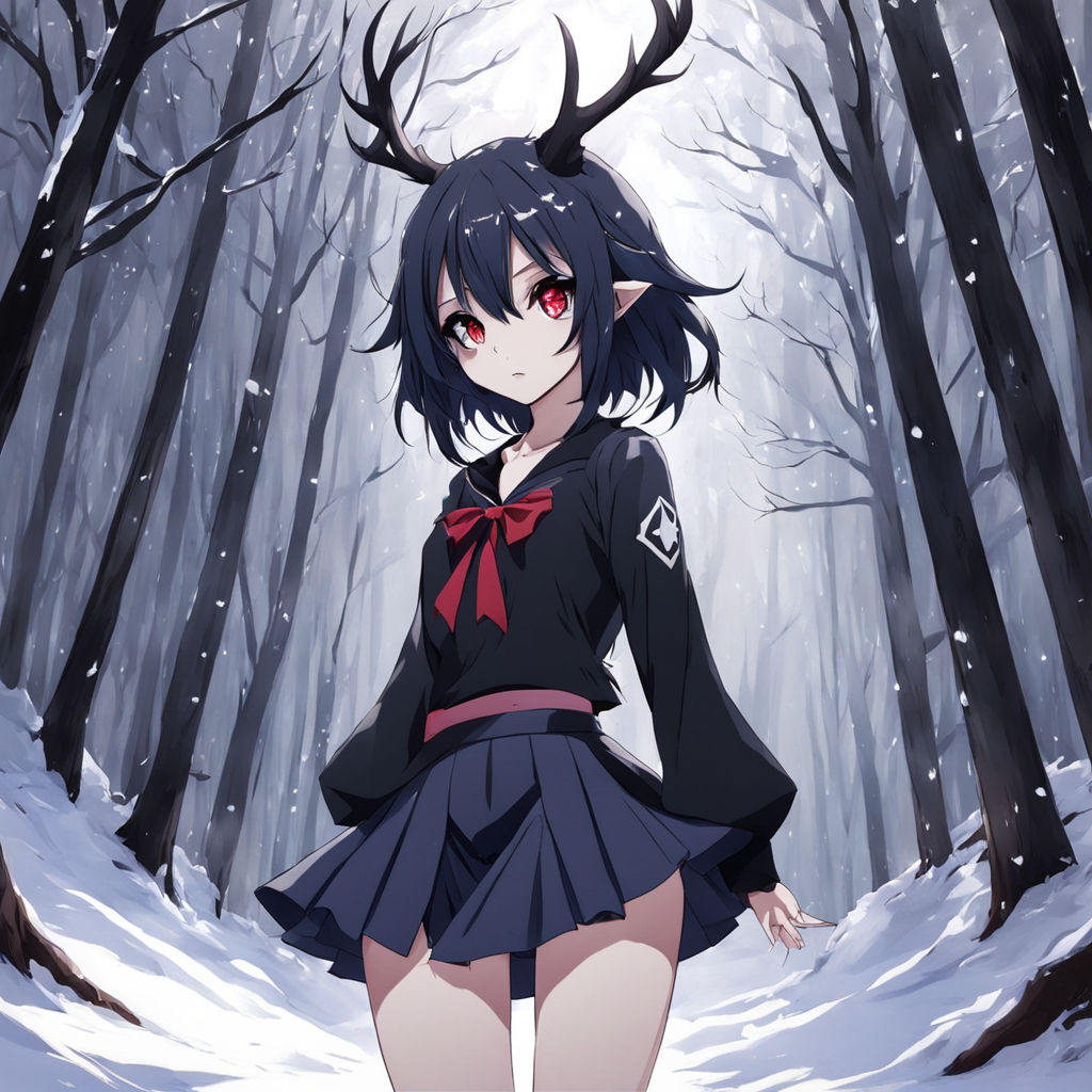 Anime girl deer horns pale skin black coat brown hair