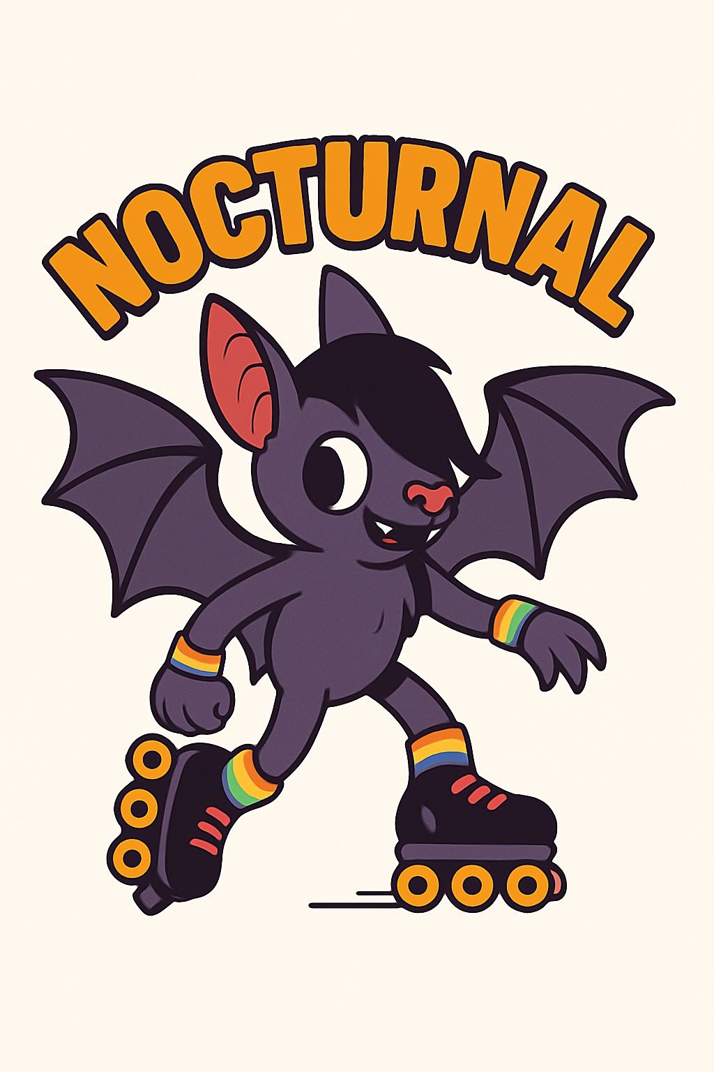 Playful Cartoon Bat Named Nocturnal on Roller Skates T-shirt