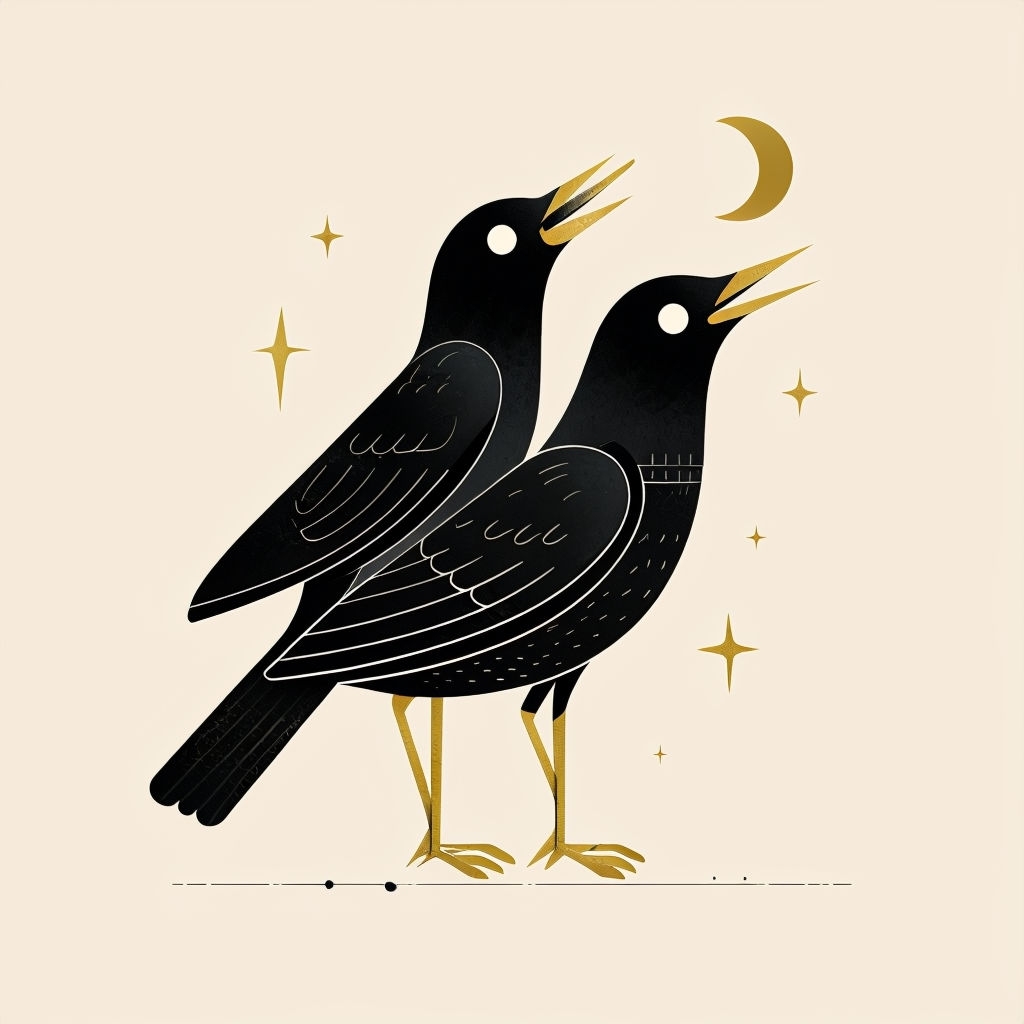 Minimalist Black Birds with Golden Accents and Stars Sticker