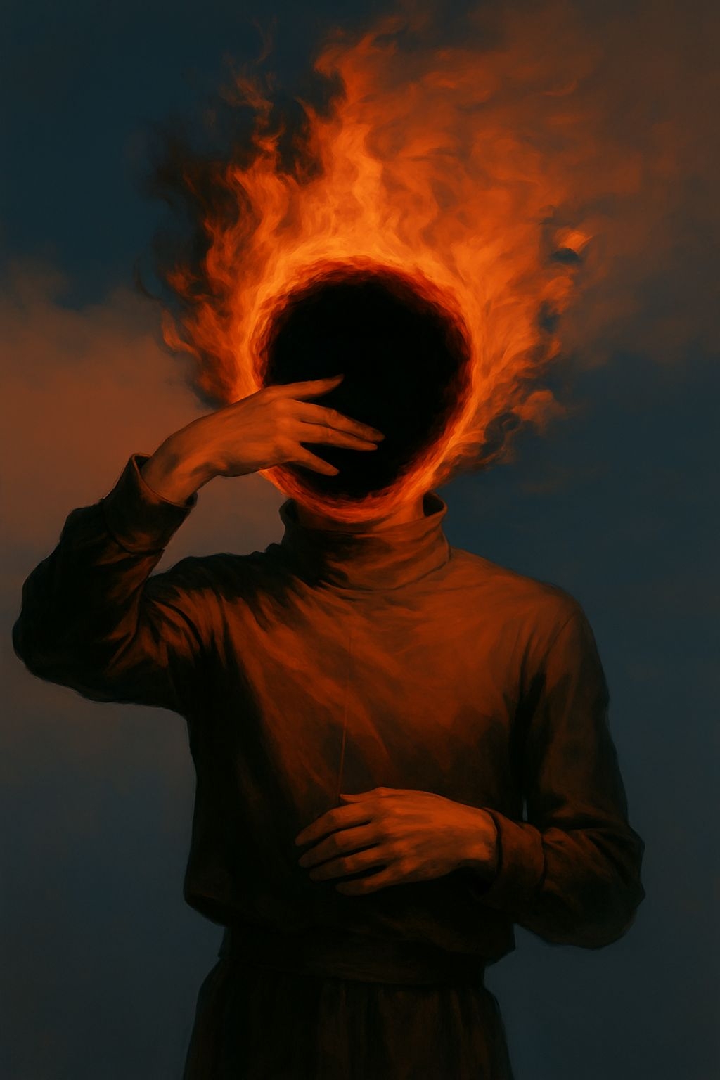Surreal Figure with Fiery Head in Dark Digital Art Painting