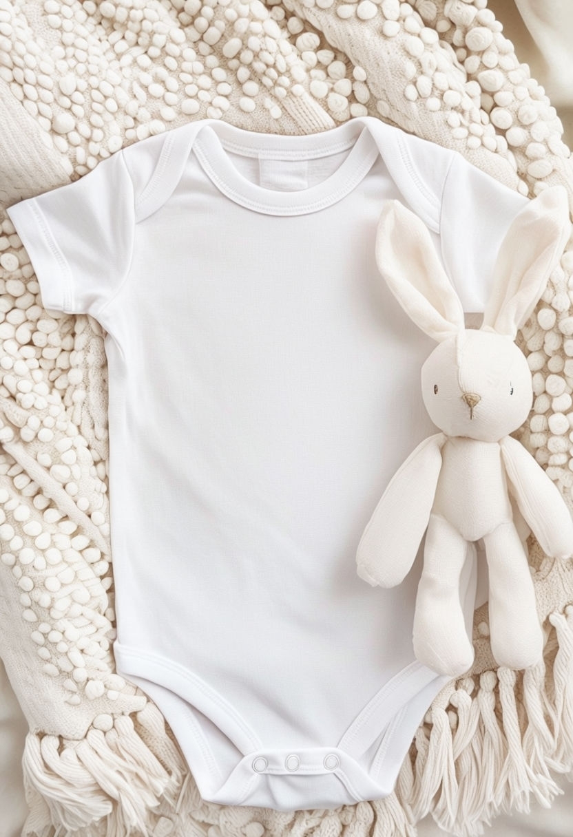 Cozy White Baby Onesie Mockup on Cream Knitted Blanket Mockup