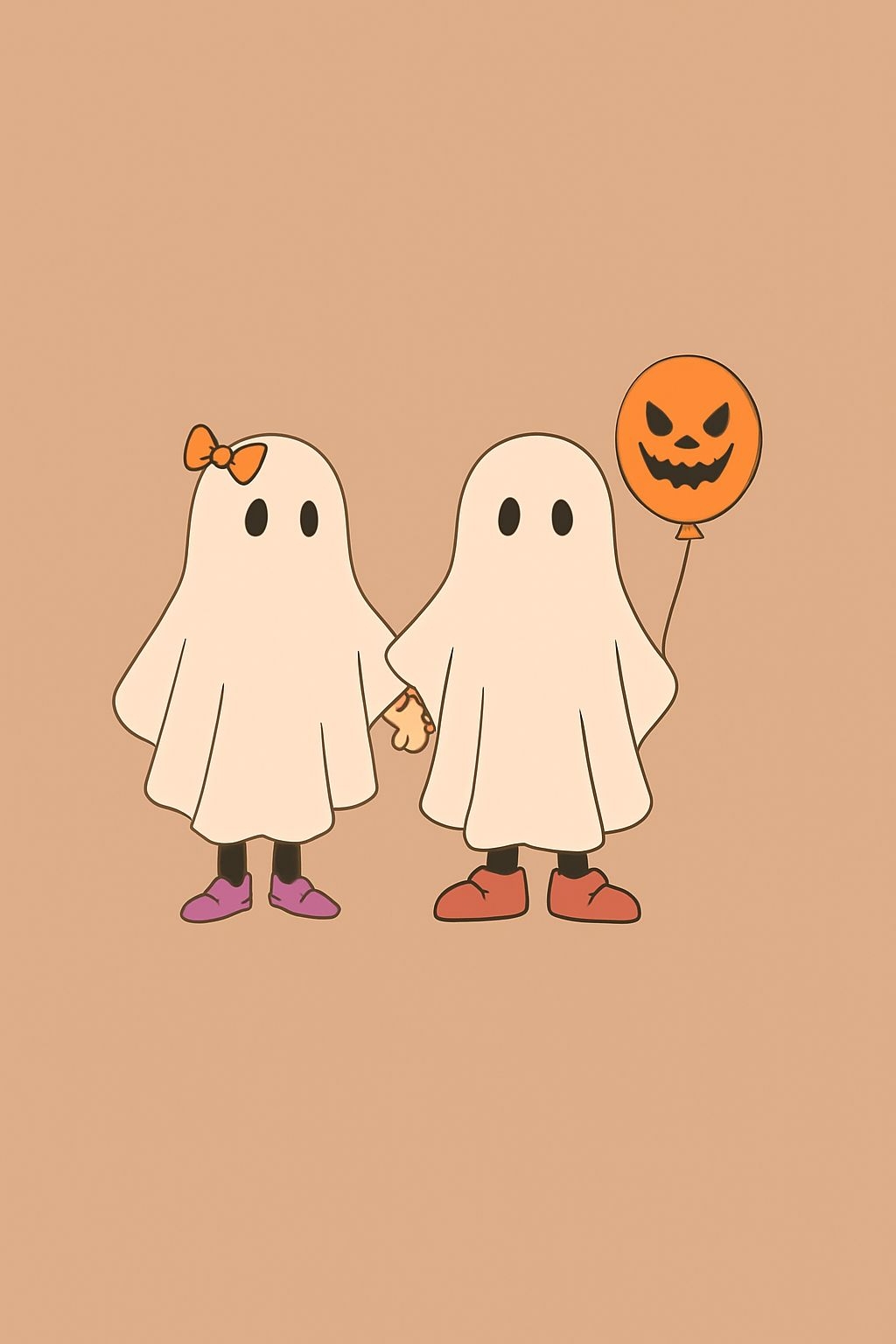 Playful Cartoon Ghosts Holding Hands with Pumpkin Balloon Mobile Wallpaper