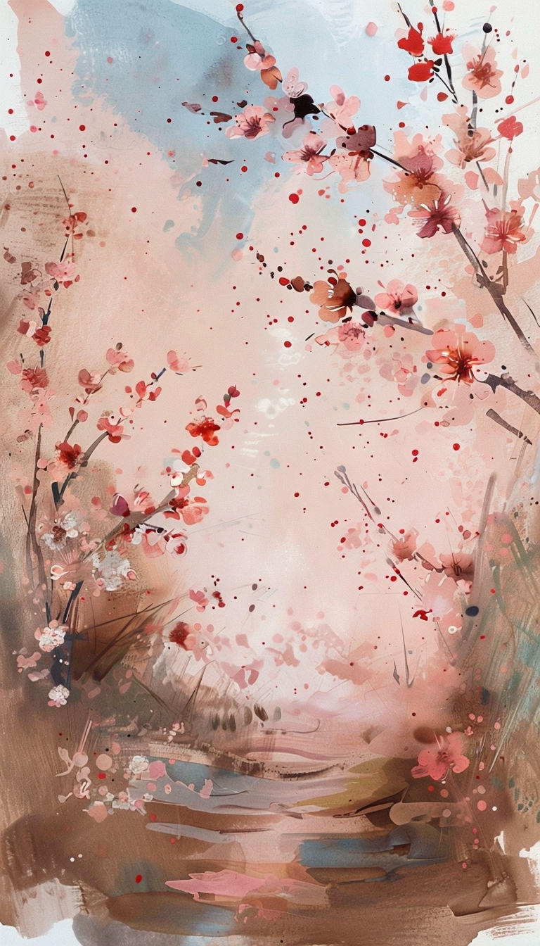 Soft Pink Cherry Blossom Pathway Art with Textured Details