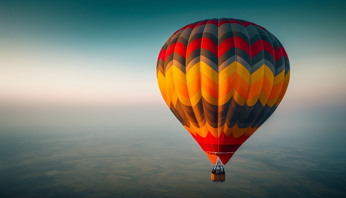 Striking Gradient Hot Air Balloon Over Muted Landscape Background