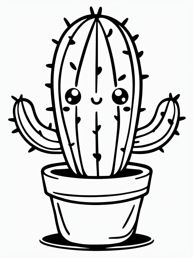 Kawaii Cartoon Cactus in a Pot Line Art Coloring Book Pages